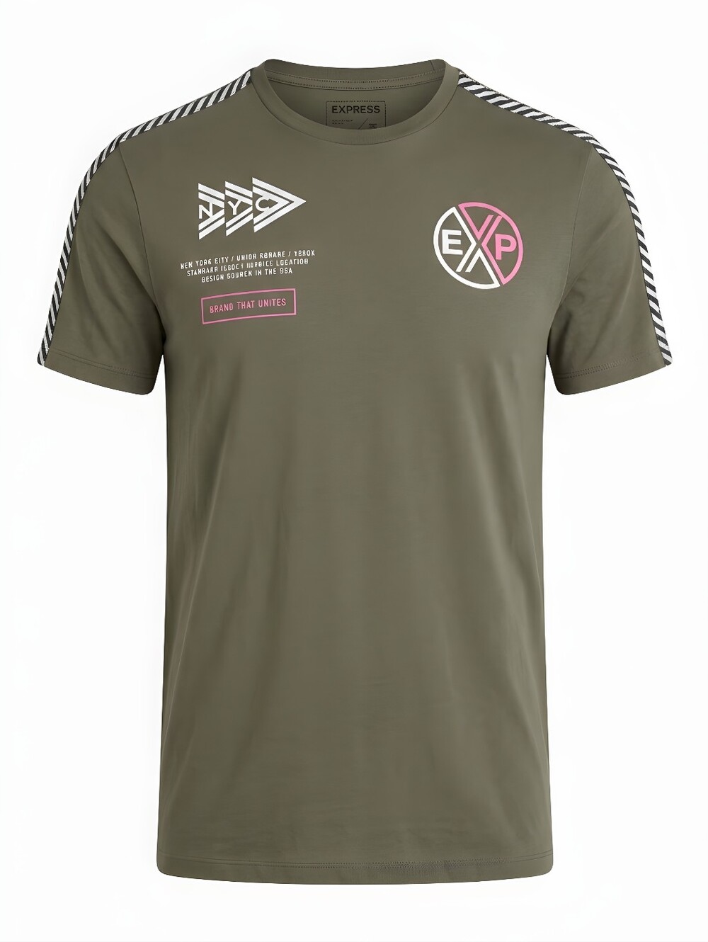 Express Olive Green Short-Sleeve Tee with Pink & White Graphics - Picture 1 of 3